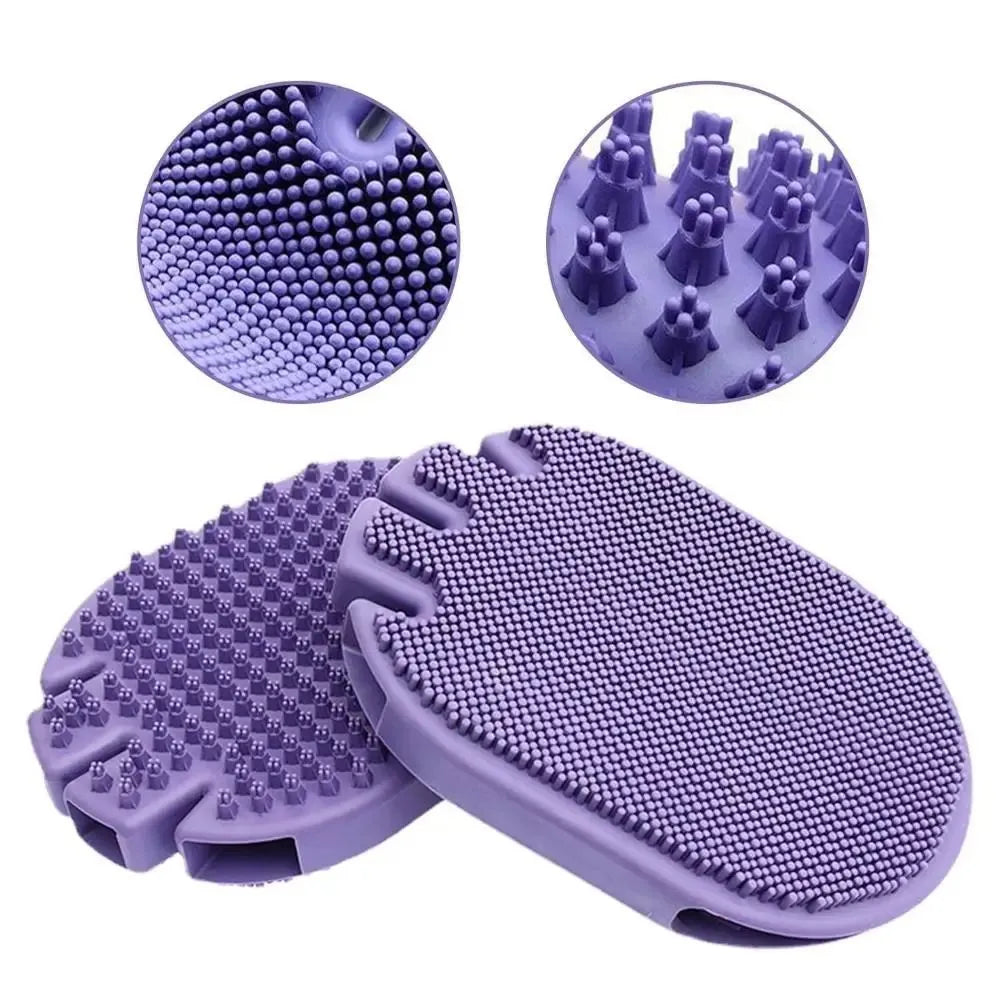 Purple TPR pet shampoo massage brush with dual-sided bristles for dog and cat grooming
