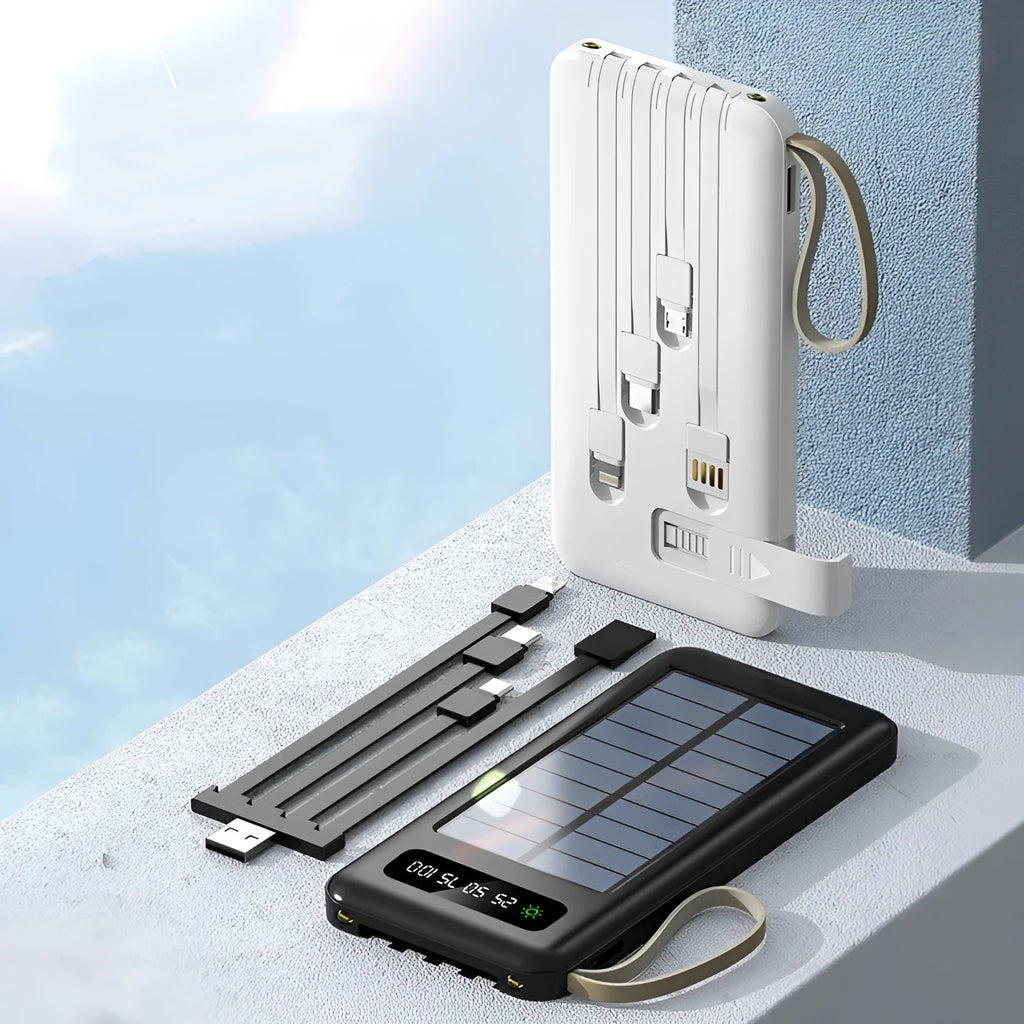 Solar power bank in cool black or ivory white with polymer lithium ion cell and 20000mA/30000mA capacity options