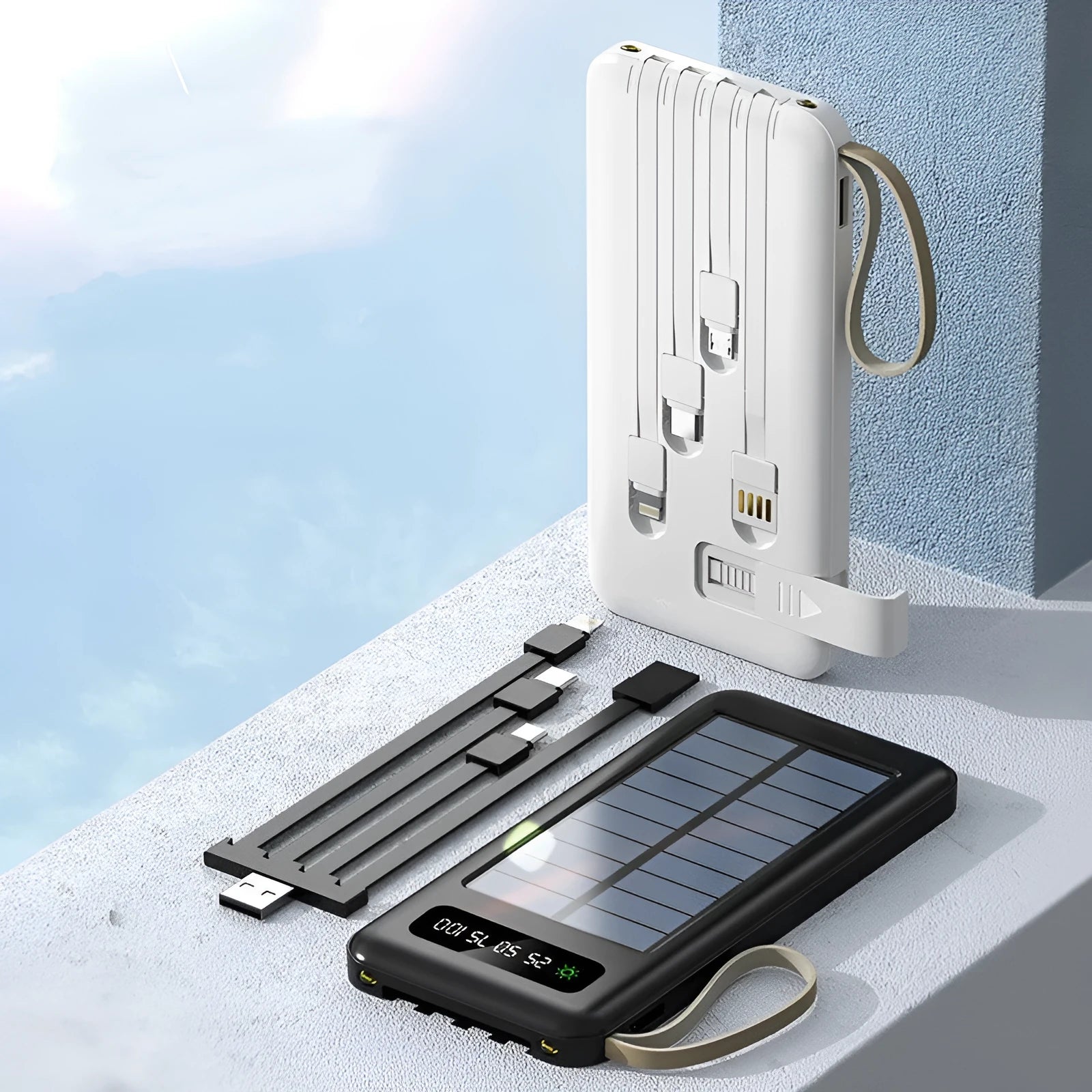 Solar power bank in cool black or ivory white with polymer lithium ion cell and 20000mA/30000mA capacity options