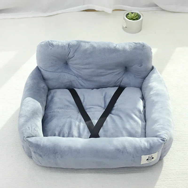 Blue plaid and grey stain-resistant cloth dog nest for car use, showing small and large size options.