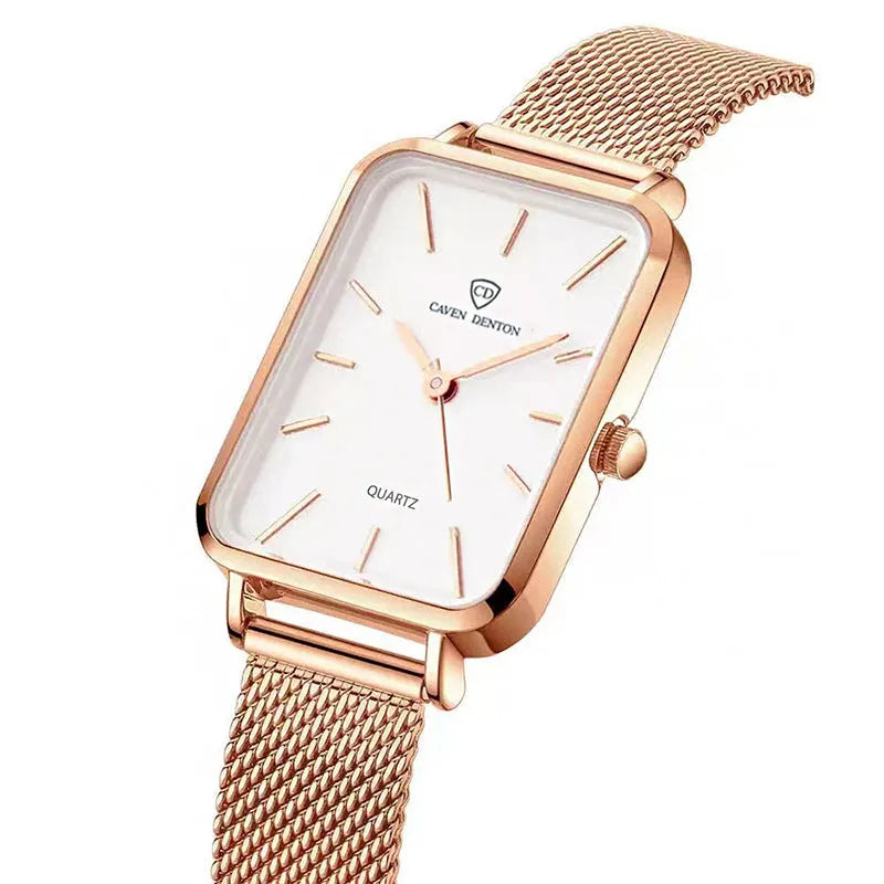 Women's rose gold waterproof quartz watch with alloy case and woven steel strap