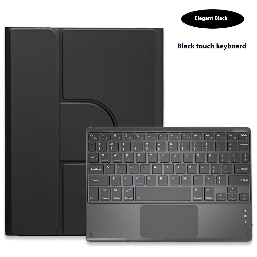 Acrylic rotating Bluetooth keyboard case with pen slot for iPad in black, showing keyboard and protective cover