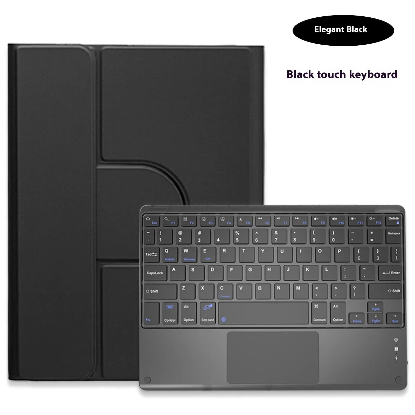 Acrylic rotating Bluetooth keyboard case with pen slot for iPad in black, showing keyboard and protective cover
