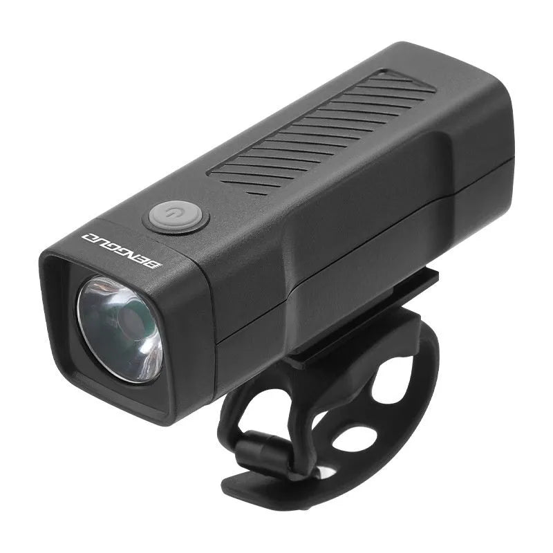 Black USB rechargeable bicycle headlight with quick release strap bracket on handlebars