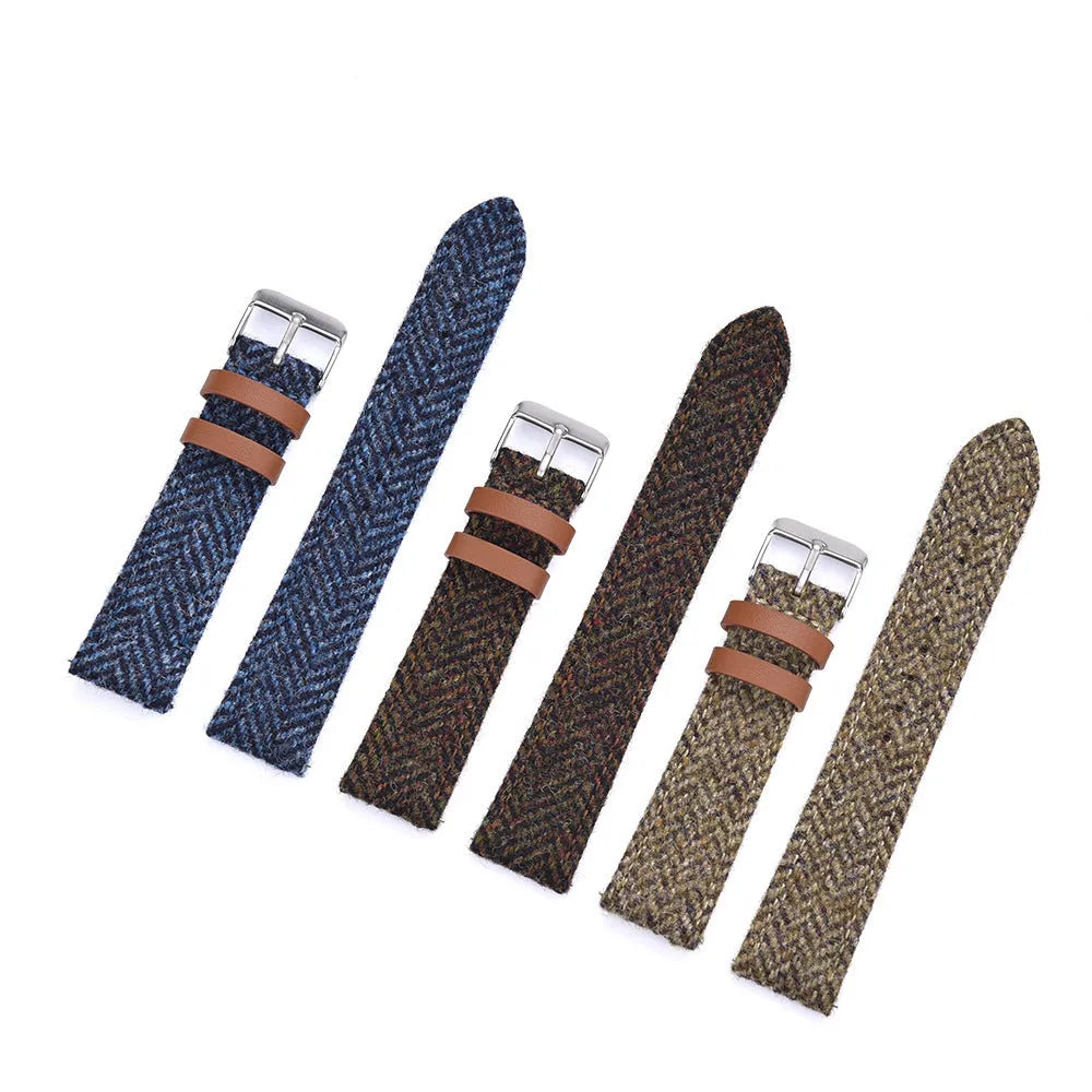 Harris woolen fabric watch strap with leather lining, 304 stainless steel buckle, available in 18mm 20mm 22mm, colours blue brown khaki green