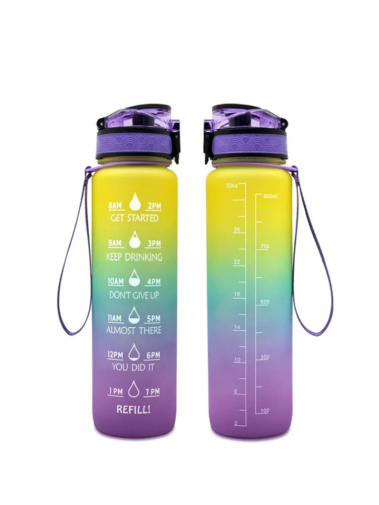 Clear transparent Tritan plastic sports water bottle with infuser, 1000ml capacity, on a plain background.