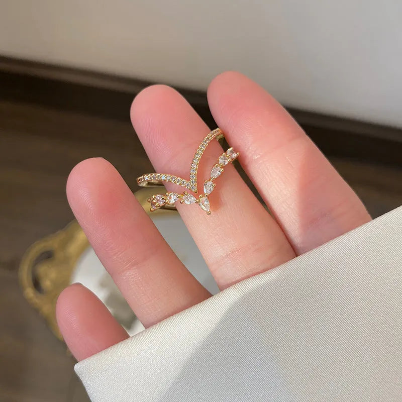 Heart-shaped full diamond ring with adjustable opening double-layer light luxury gold copper finish