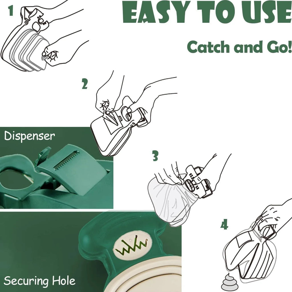 Blue handheld dog pooper scooper with foldable waste container and attached carabiner clip.