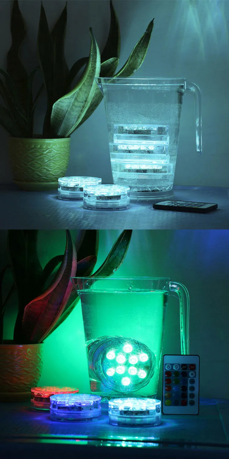 IP68 waterproof LED remote control diving light with 16 colour modes placed in a glass vase of water