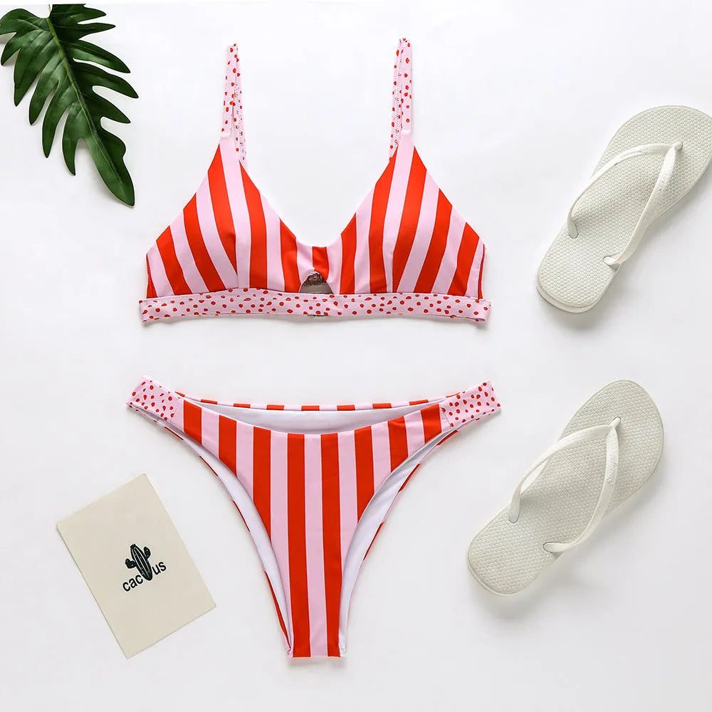 Women's polyester bikini swimsuit in black and white dots or red and white stripes pattern.