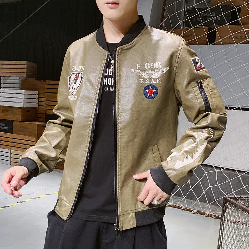 Men's embroidered PU leather motorcycle jacket in black with standing collar and zipper front