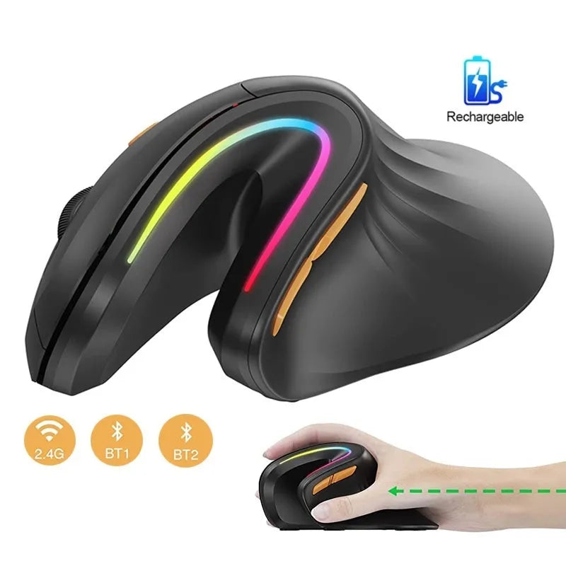 Black seenDa rechargeable vertical Bluetooth wireless mouse with RGB lighting on a desk.