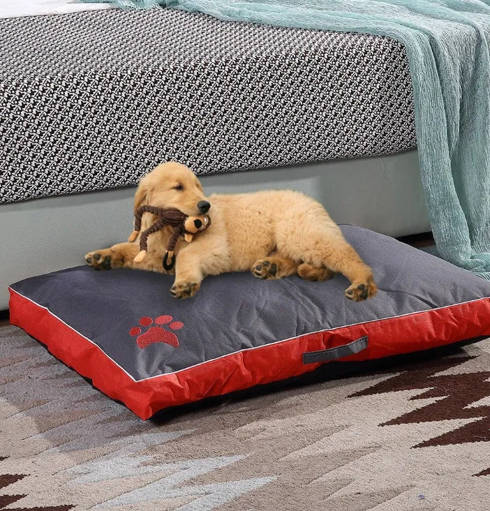 Waterproof Oxford cloth dog bed with removable washable cover and non-slip bottom, red blue black, sizes M to XXL