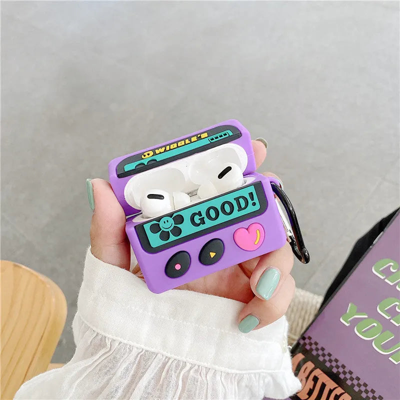 Retro purple BB machine cartoon silicone back cover for AirPods 1, 2, and Pro 3 with hook