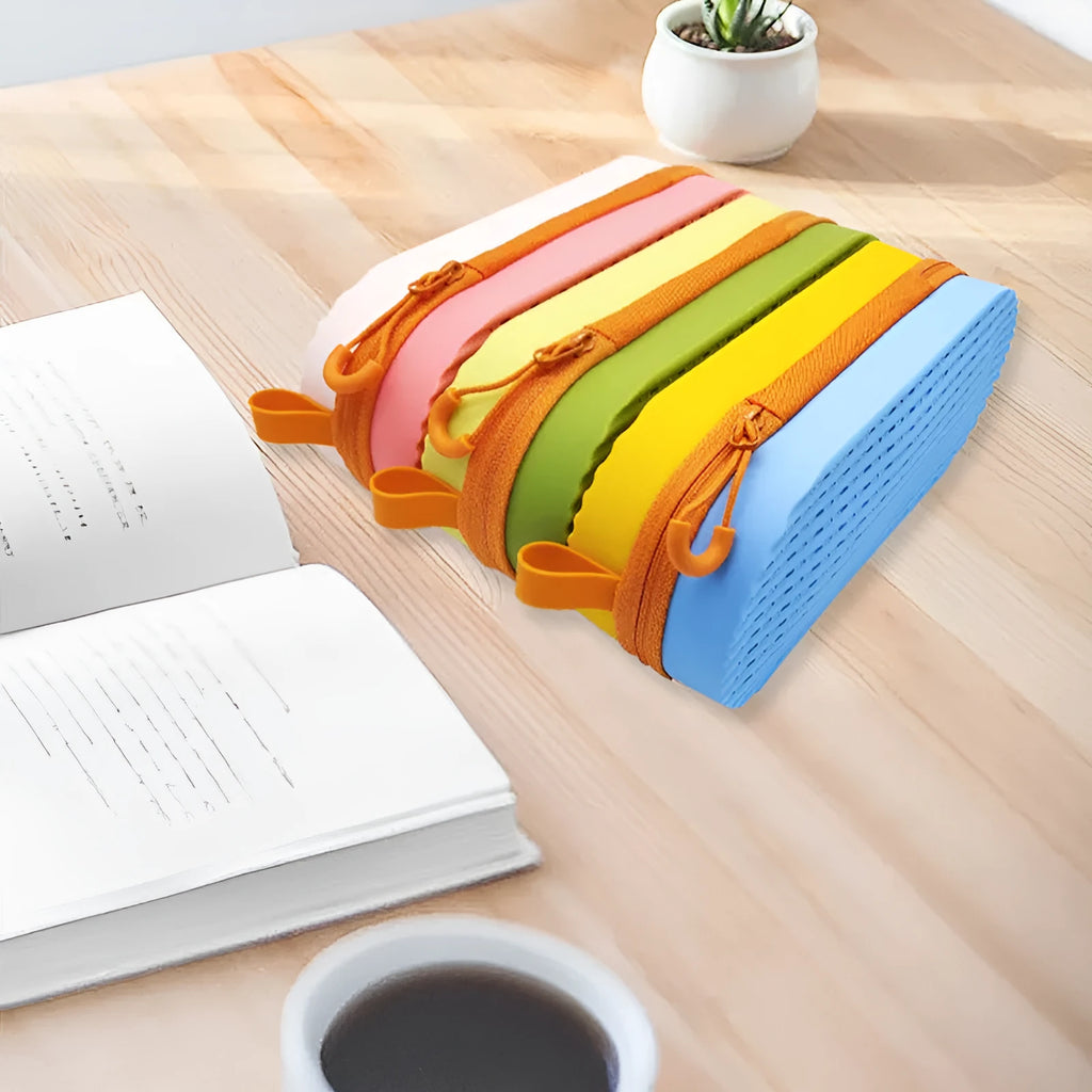 Silicone glasses case with long handle in assorted colours including black and rose red.
