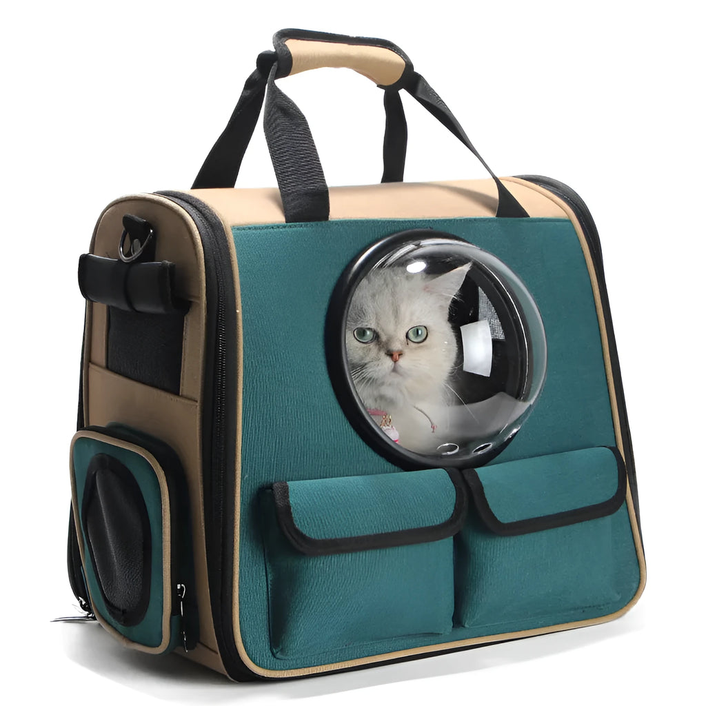 Pet bag backpack in green Oxford material for dogs and cats, 40x28x36cm, with breathable design