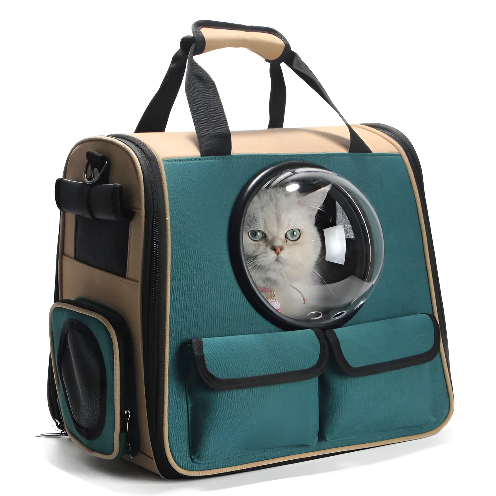 Pet bag backpack in green Oxford material for dogs and cats, 40x28x36cm, with breathable design
