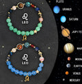 Two natural stone beaded bracelets showing different zodiac sign charms on a textured background.