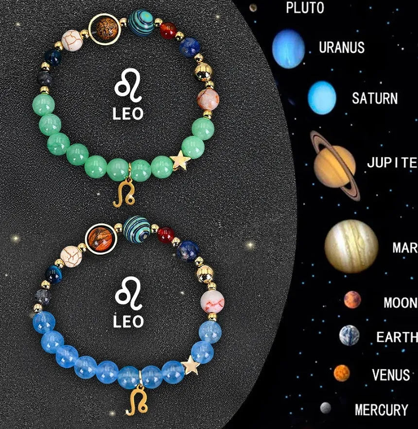 Two natural stone beaded bracelets showing different zodiac sign charms on a textured background.