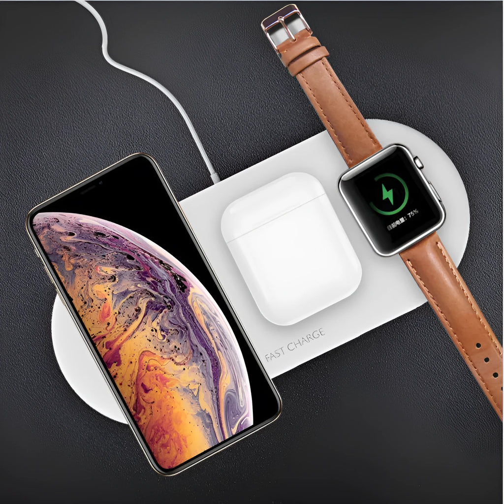 Black and white three-in-one wireless charging station for Apple iPhone, iWatch and headphones on a desk.
