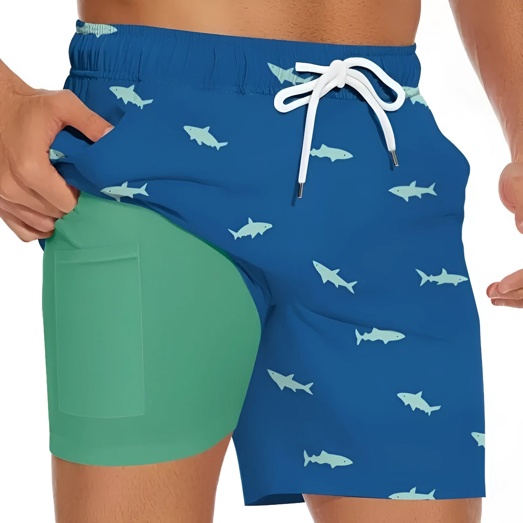 Men's black shorts with a white shark graphic print and an elasticated drawstring waistband.