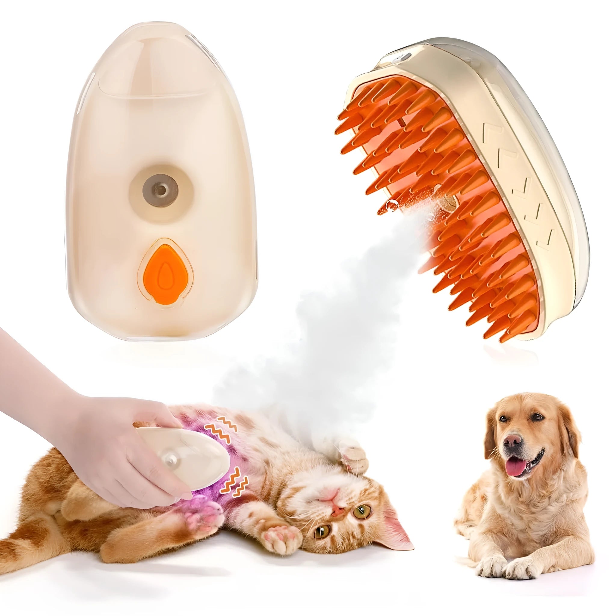 Yellow 4-in-1 cat steam brush with silicone teeth, steam spray function, and UV ringworm detector lamp