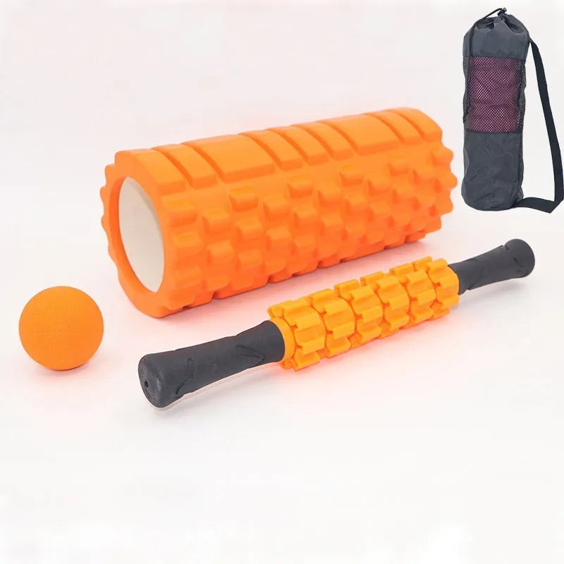 Black six-piece fitness foam massage roller stick, 33 cm long on a white background.