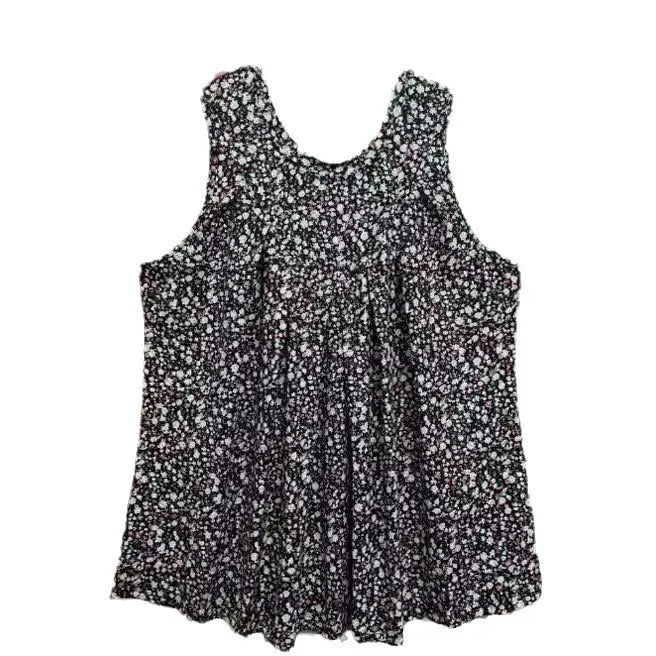 Black plus size floral print sleeveless vest on a hanger, showing loose fit and round neck.