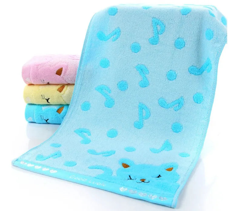 Bamboo fiber kitten face bath towels set of four colours blue green pink yellow 25x50cm