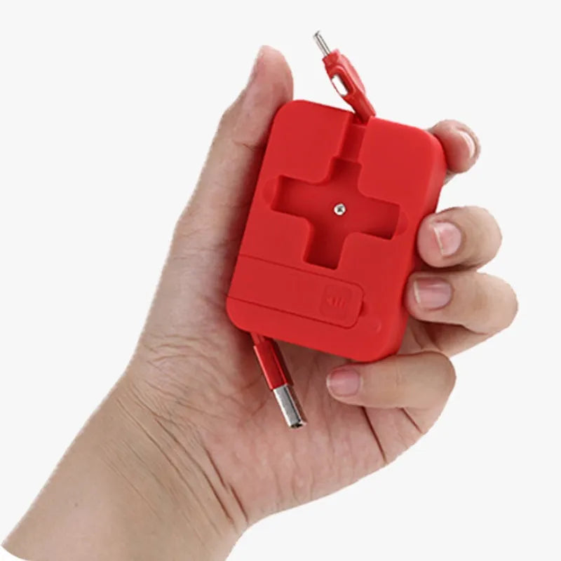 Macaron telescopic bracket three-in-one charging cable extended, showing USB, Lightning and Type-C connectors