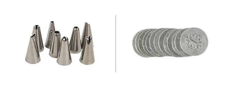 Stainless steel biscuit press gun with assortment of cookie moulds and piping nozzles on a baking sheet.