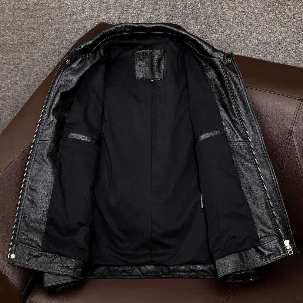 A loose-fit men's black PU leather lapel jacket with a side pocket, shown on a model.