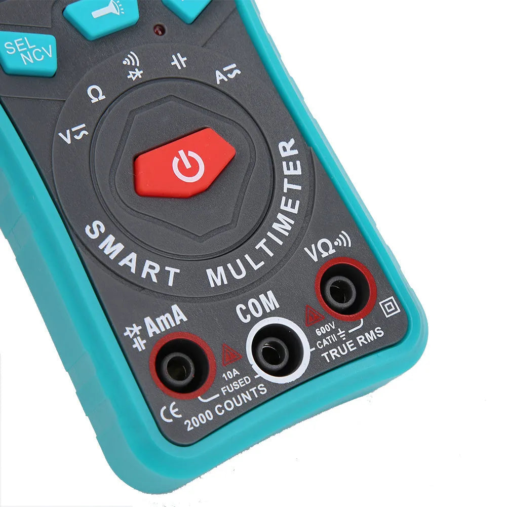 Green PTM automatic digital multimeter with LED display and rear kickstand.