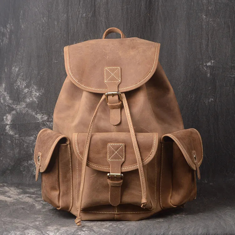 Men's retro leather drawstring backpack, 20L first layer cowhide, 30cm x 15cm x 40cm, Black Dark Brown Retro Brown