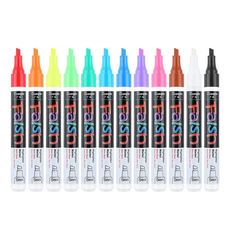 Electronic fluorescent plate highlighter with oblique tip and plastic shell in card packaging.