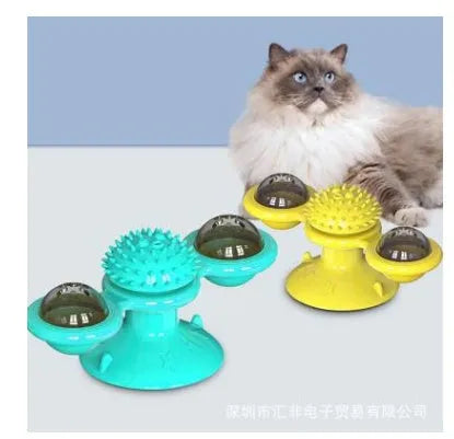 Cat rotating windmill multi-function toy with suction base and luminous ball in blue turntable colour