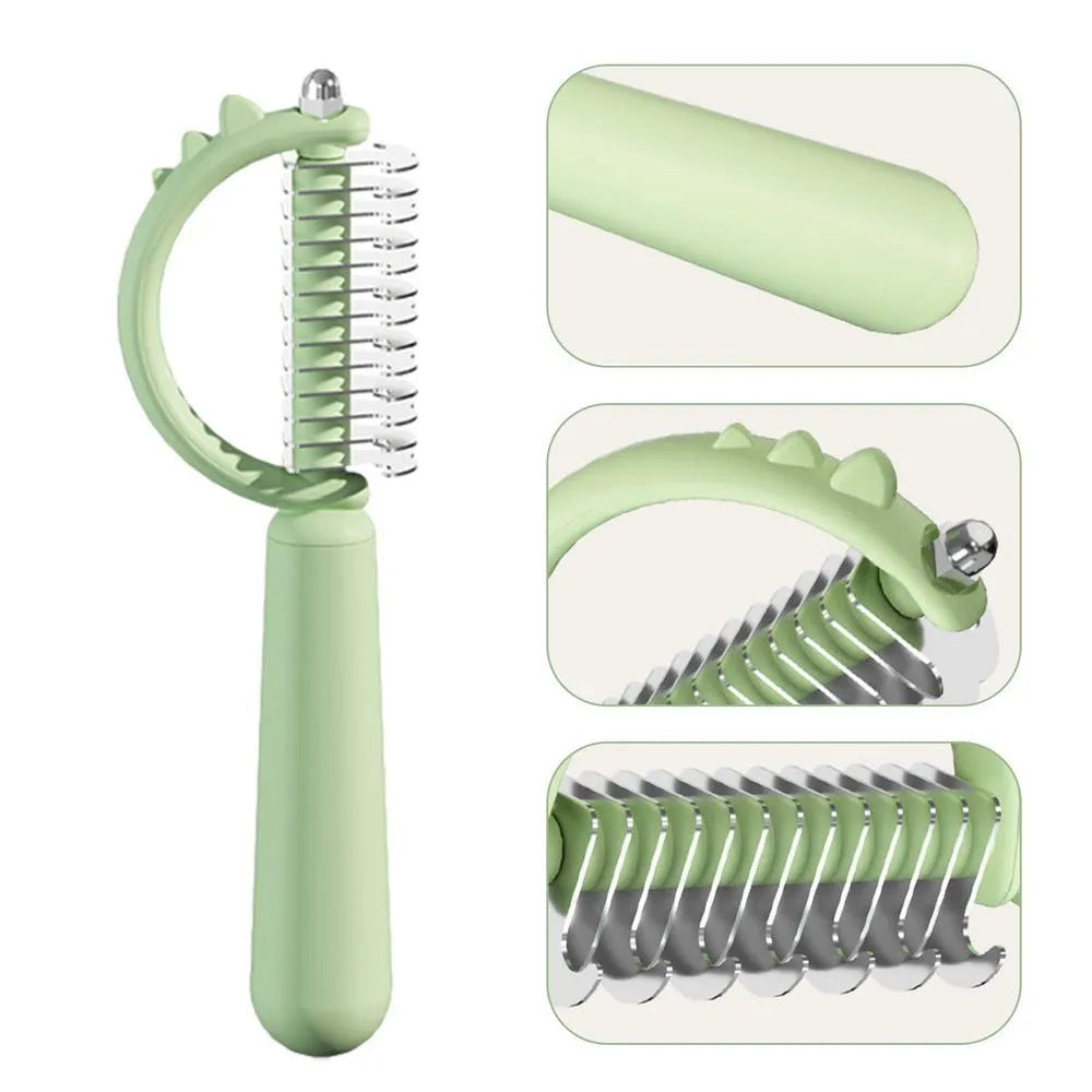 Dinosaur shaped double-sided self-cleaning cat brush with stainless steel pins