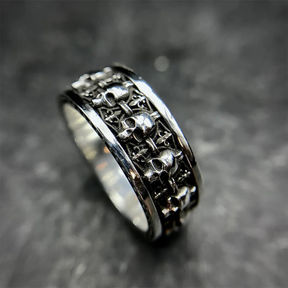 Unisex alloy skull ring with geometric ornament and retro gothic style, shown in one colour variant