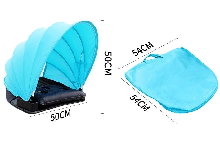 Outdoor sunproof fold beach umbrella with blue Lycra and mesh canopy on sandy beach