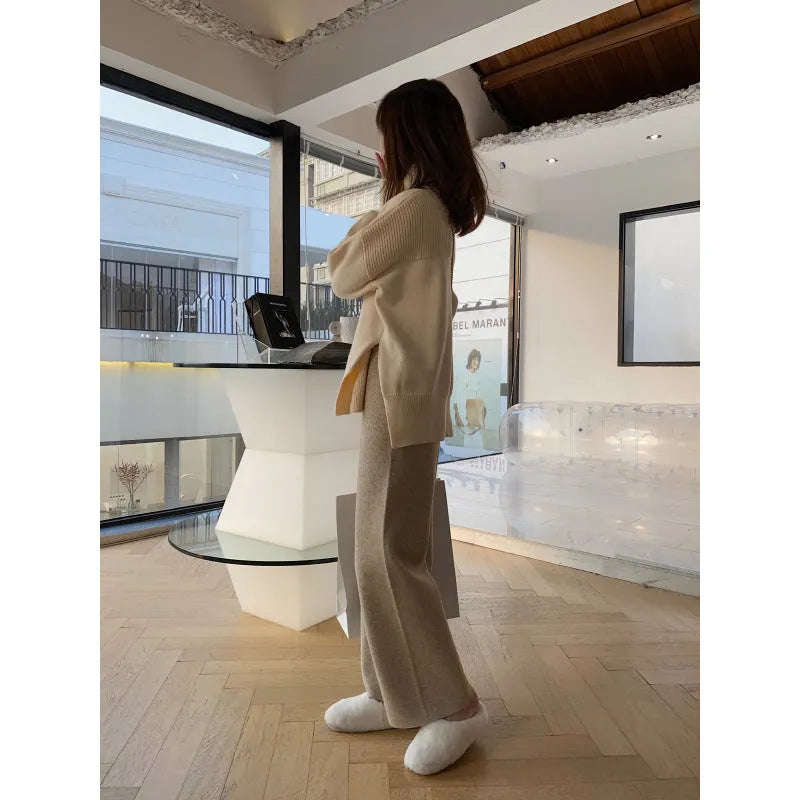 Women's cream white knitted wide-leg high waist trousers for autumn winter casual wear