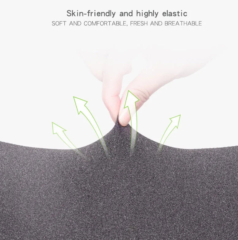 Dark grey memory foam car headrest pillow shown on car seat, measuring 67x10x27.5 cm.