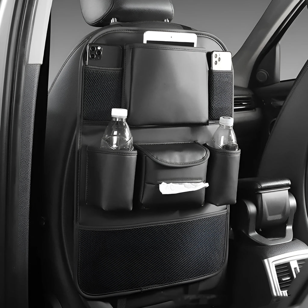 Genuine leather car seat back storage bag in black, grey, green, or brown colour options