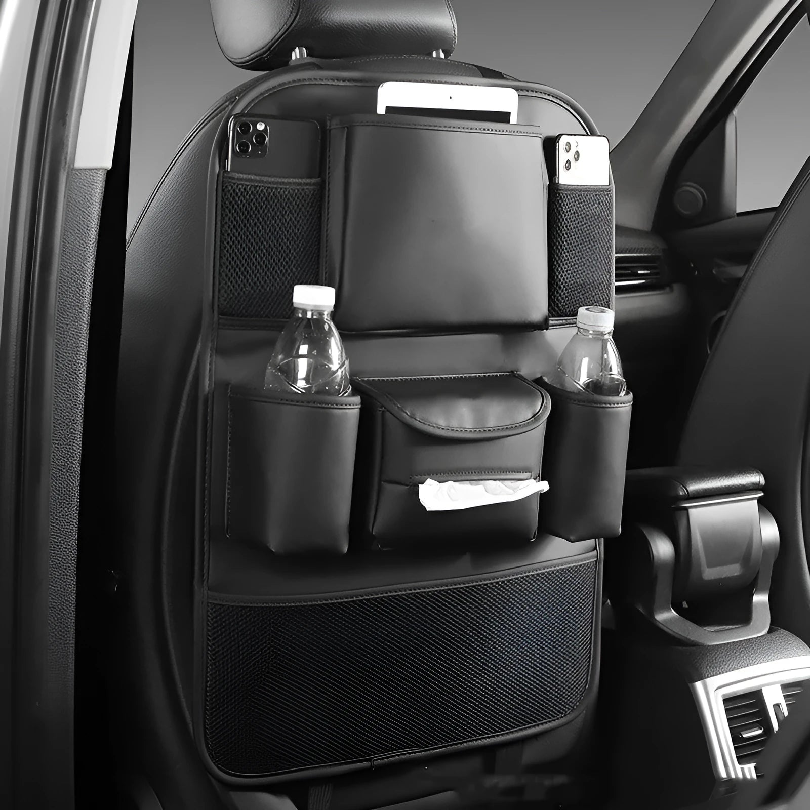 Genuine leather car seat back storage bag in black, grey, green, or brown colour options