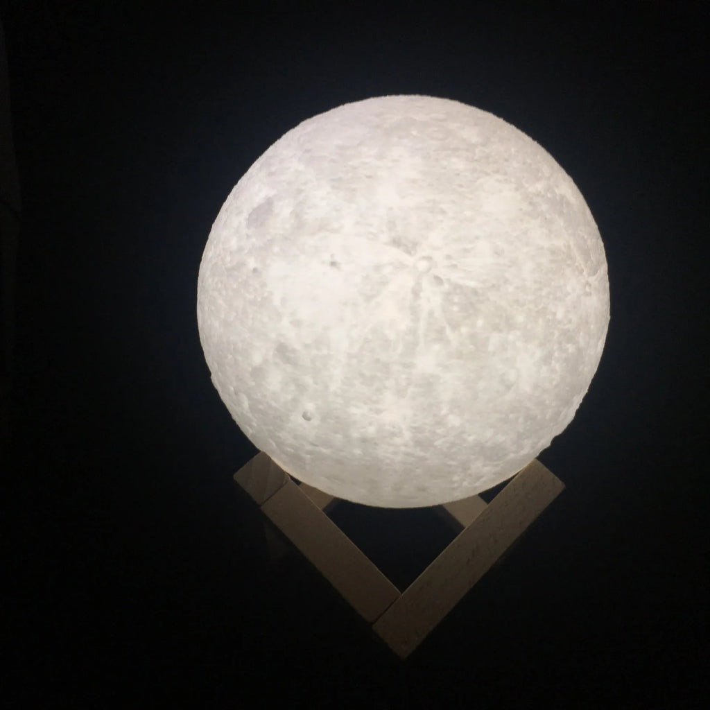 3D printed moon lamp showing detailed lunar surface with wood holder and touch control ring