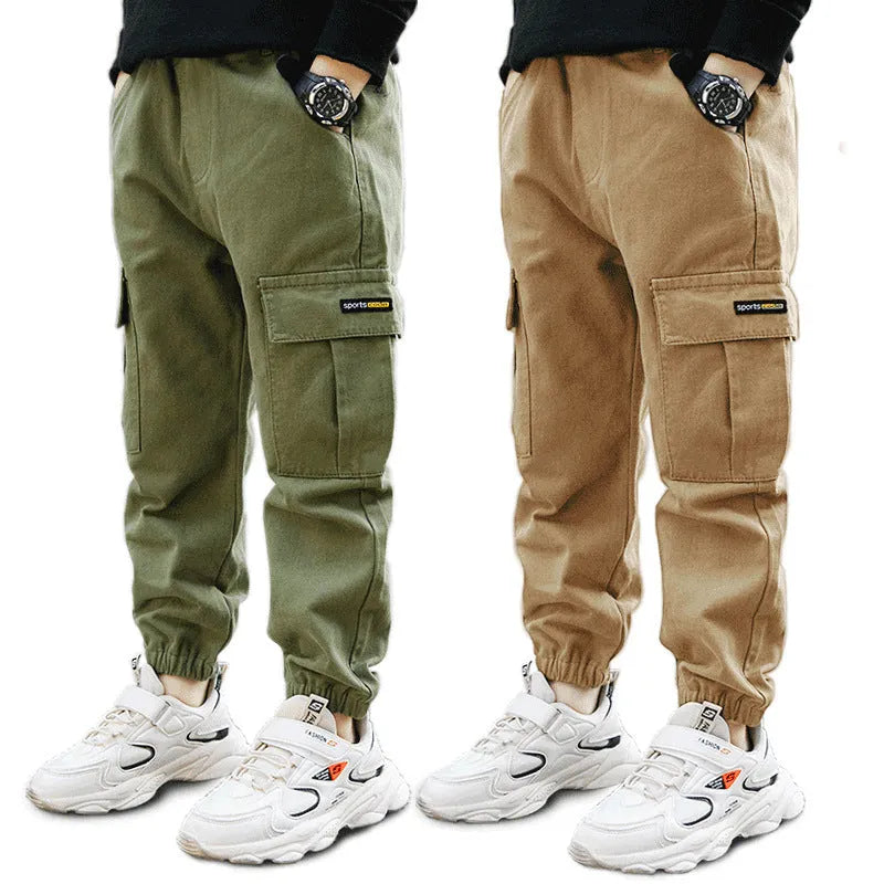 Boys' casual cotton trousers in khaki colour for summer, shown on a size chart.
