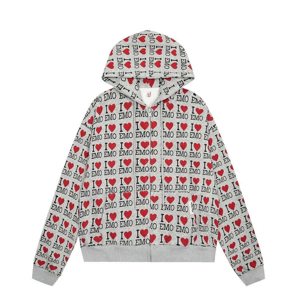 Women's grey cotton hooded cardigan sweater with autumn retro pattern and long sleeves