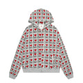 Women's grey cotton hooded cardigan sweater with autumn retro pattern and long sleeves