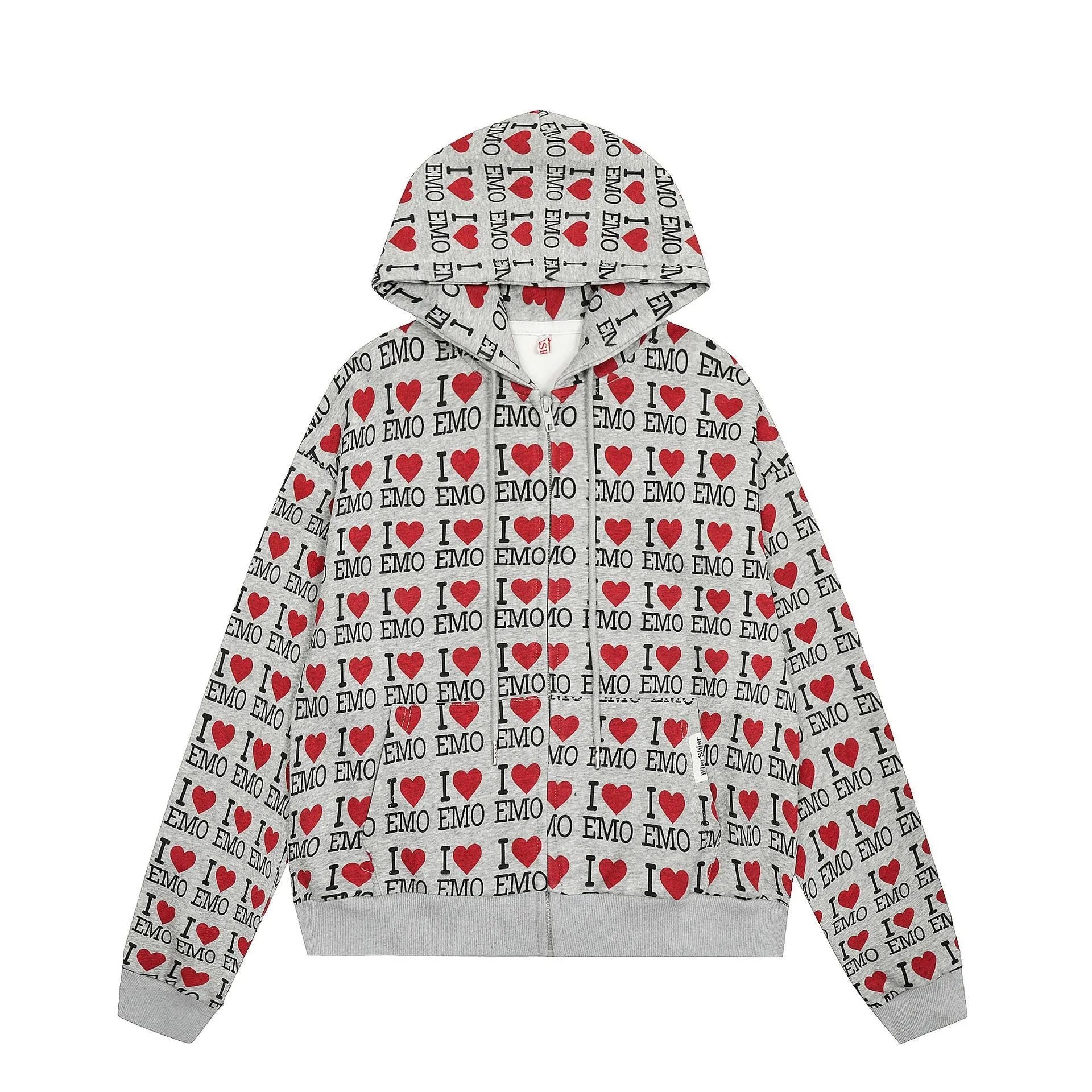 Women's grey cotton hooded cardigan sweater with autumn retro pattern and long sleeves