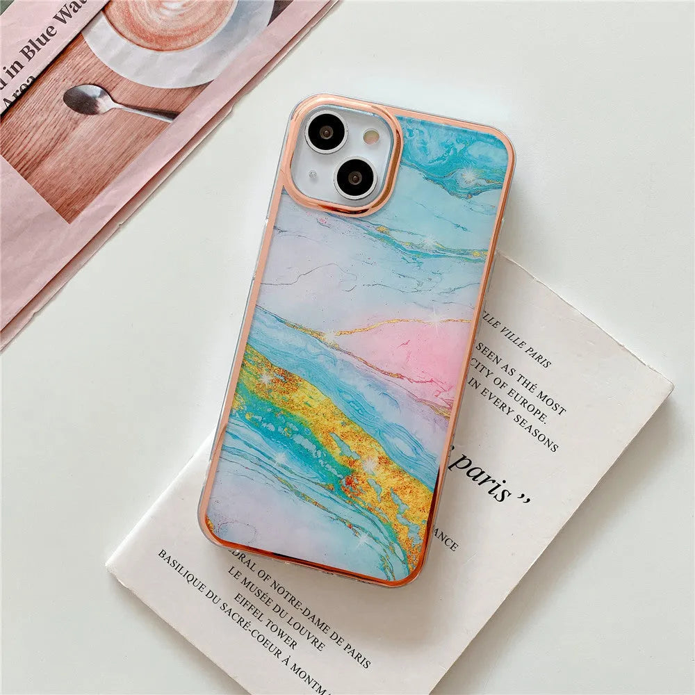 Electroplate marble phone case with mirror finish for iPhone 14 Pro, pink colour