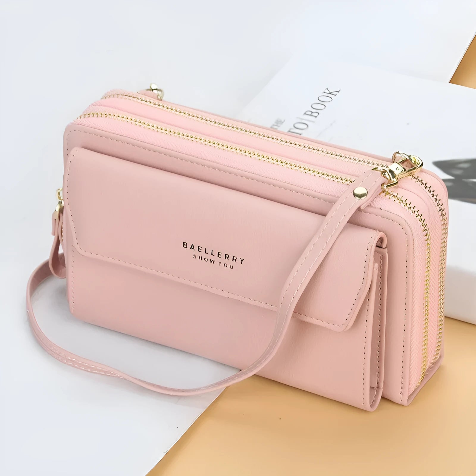 Ladies long wallet messenger bag in soft PU leather with double zipper and six colour options